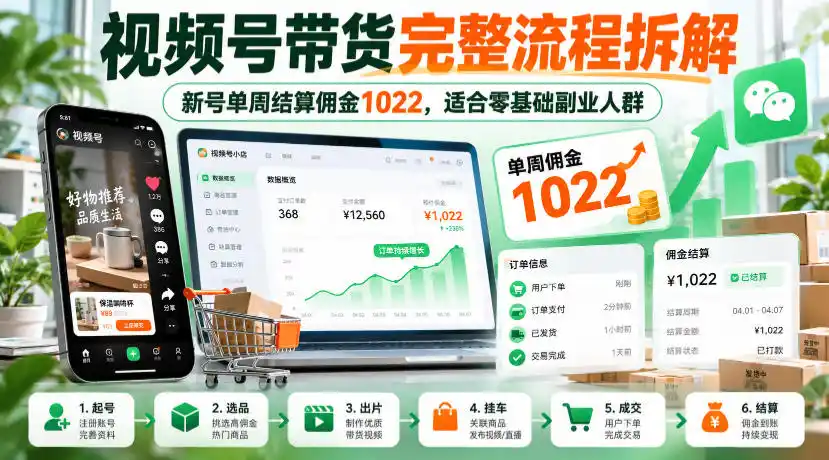 视频号带货完整流程拆解，新号单周结算佣金1022，适合零基础副业人群-百盟网