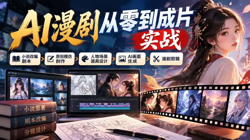 AI漫剧从零到成片实战:小说改编剧本、原创模仿创作、人物场景道具设计、AI画面生成与漫剧剪辑-百盟网