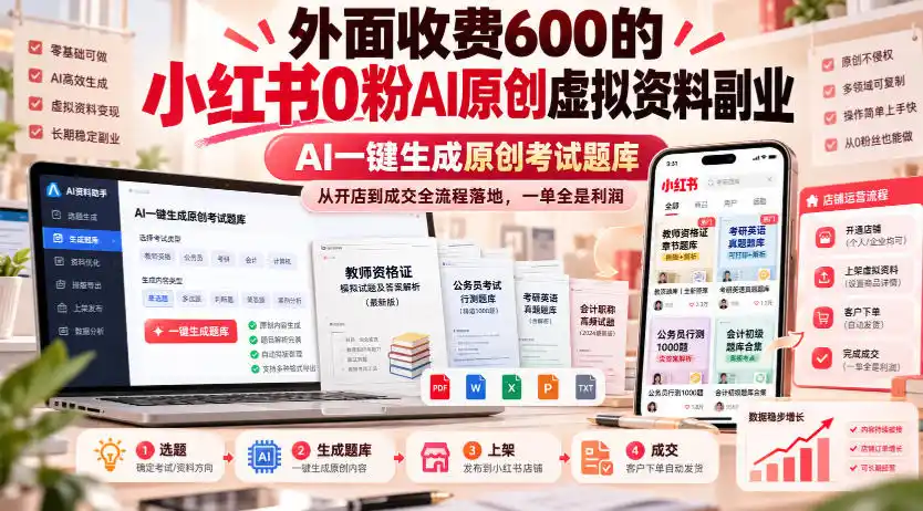 外面收费600的小红书0粉AI原创虚拟资料副业,AI一键生成原创考试题库,从开店到成交全流程落地,一单全是利润-百盟网
