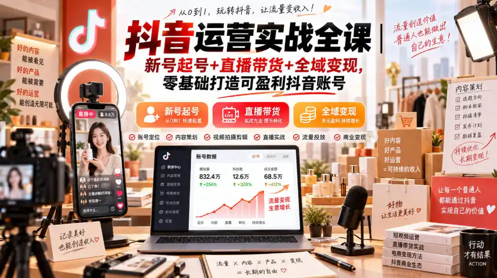 抖音运营实战全课|新号起号+直播带货+全域变现,零基础打造可盈利抖音账号 抖音运营实战全课|新号起号+直播带货+全域变现,零基础打造可盈利抖音账号