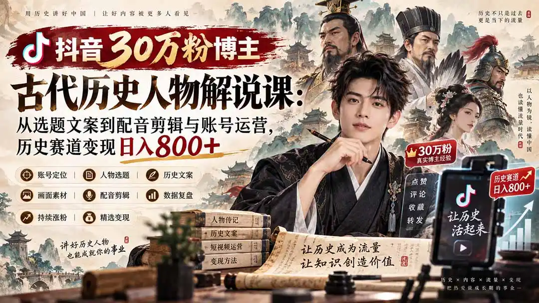 抖音30万粉博主古代历史人物解说课：从选题文案到配音剪辑与账号运营，历史赛道变现日入800+-百盟网