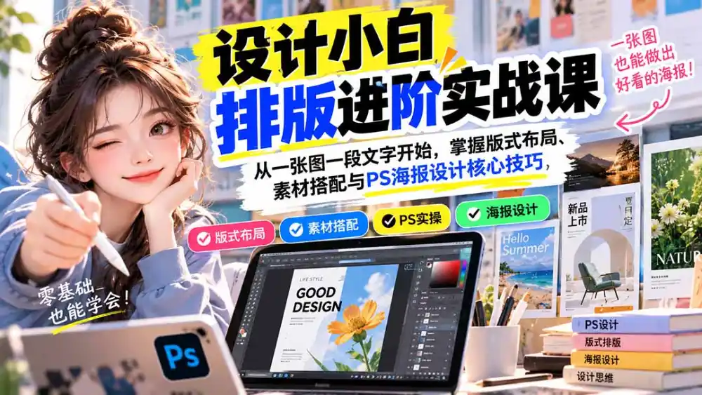 设计小白排版进阶实战课：从一张图一段文字开始，掌握版式布局、素材搭配与PS海报设计核心技巧-百盟网