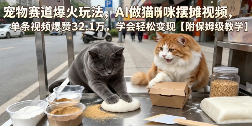 宠物赛道爆火玩法,AI做猫咪摆摊视频,单条视频爆赞32.1万,学会轻松变现【附保姆级教学】-百盟网