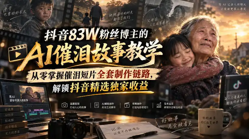 抖音83W粉丝博主的AI催泪故事教学，从零掌握催泪短片全套制作链路，解锁抖音精选独家收益-百盟网