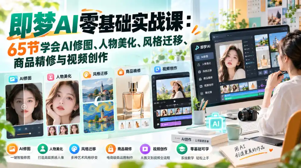 即梦AI零基础实战课：65节学会AI修图、人物美化、风格迁移、商品精修与视频创作-百盟网