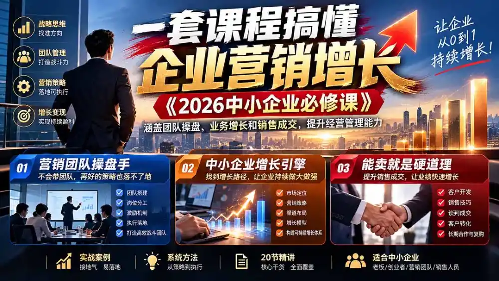 一套课程搞懂企业营销增长《2026中小企业必修课》涵盖团队操盘、业务增长和销售成交，提升经营管理能力-百盟网