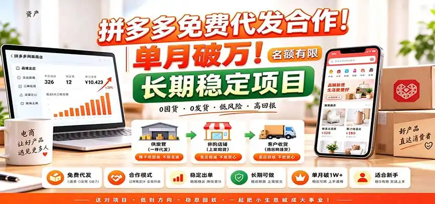 拼多多免费代发合作|单月破万!长期稳定项目,名额有限-百盟网