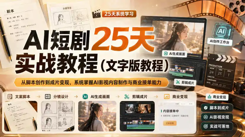 AI短剧25天实战教程(文字版教程),从脚本创作到成片变现,系统掌握AI影视内容制作与商业接单能力-百盟网