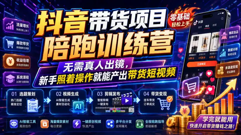 抖音带货项目陪跑训练营，无需真人出镜，新手照着操作就能产出带货短视频(更新0811)-百盟网