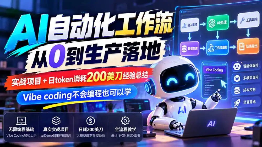 【无水印】AI自动化工作流从0到生产落地，实战项目+日token消耗200美刀经验总结，Vibe coding不会编程也可以学-百盟网