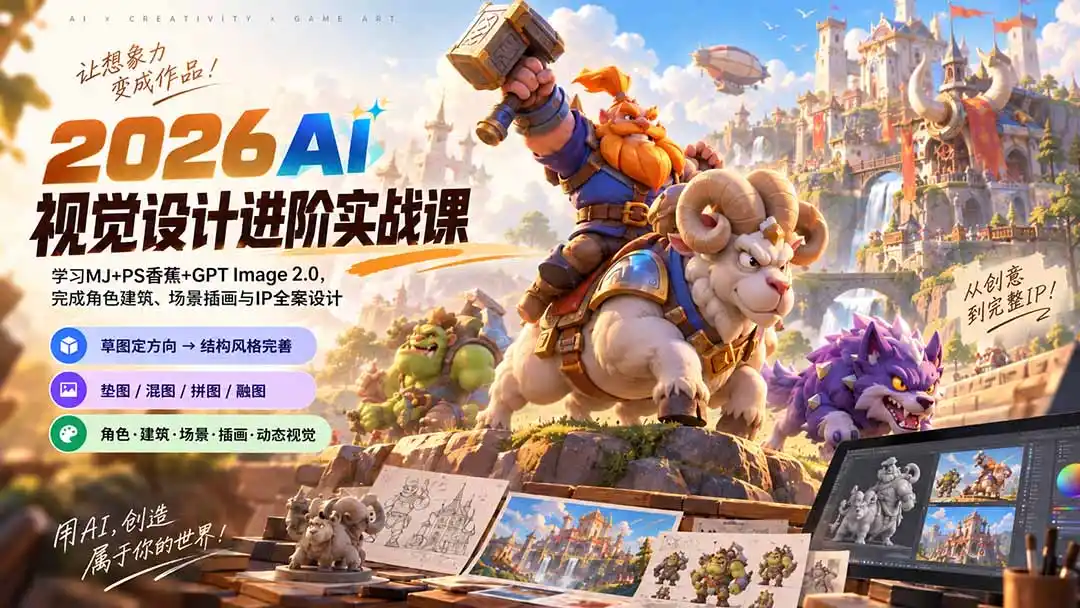 2026AI视觉设计进阶实战课-更新：学习MJ+PS香蕉+GPT Image 2.0，完成角色建筑、场景插画与IP全案设计-百盟网