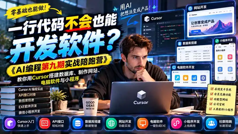 一行代码不会也能开发软件？《AI编程第九期实战陪跑营》教你用Cursor搭建数据库、制作网站、电脑软件与小程序-百盟网