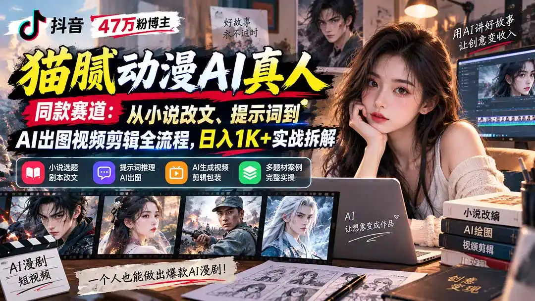 抖音47万粉博主猫腻动漫AI真人同款赛道：从小说改文、提示词到AI出图视频剪辑全流程，日入1K+实战拆解