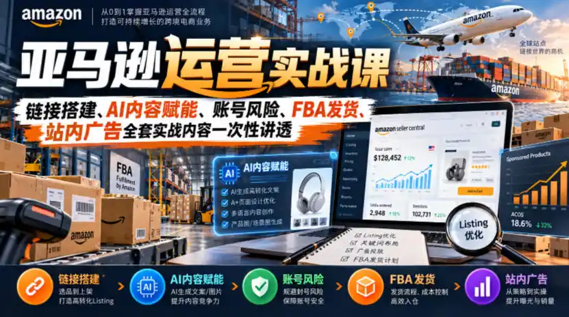 亚马逊运营实战课,链接搭建、AI内容赋能、账号风险、FBA发货、站内广告全套实战内容一次性讲透-百盟网