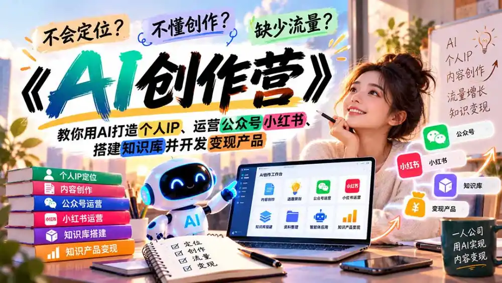 不会定位、不懂创作、缺少流量?《AI创作营》教你用AI打造个人IP、运营公众号小红书、搭建知识库并开发变现产品-百盟网