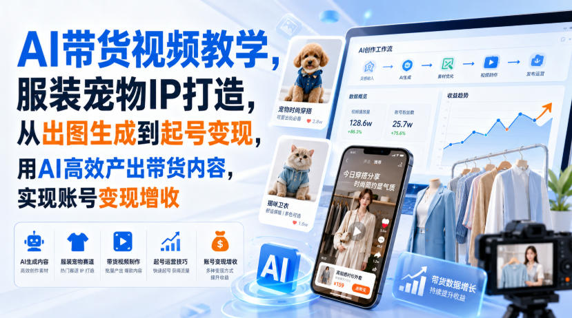 AI带货视频教学，服装宠物IP打造，从出图生成到起号变现，用AI高效产出带货内容，实现账号变现增收-百盟网