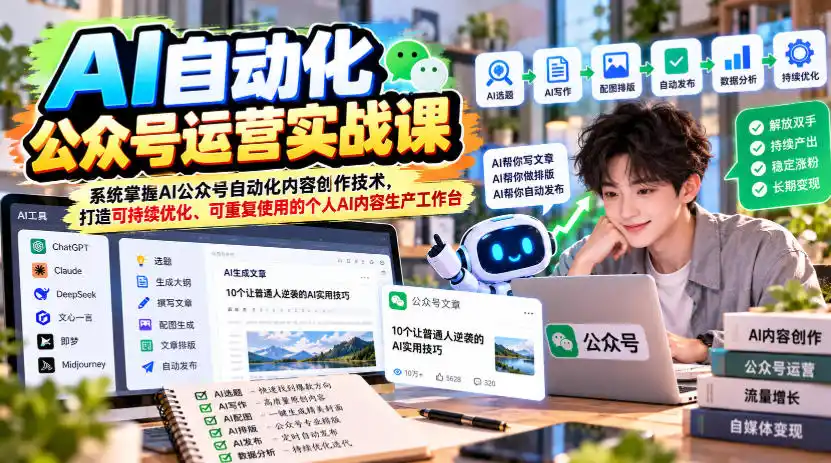 AI自动化公众号运营实战课，系统掌握AI公众号自动化内容创作技术，打造可持续优化、可重复使用的个人AI内容生产工作台-百盟网