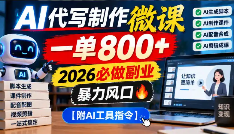 AI代写制作微课，一单800+，2026必做副业，暴力风口【附AI工具指令】【揭秘】-百盟网