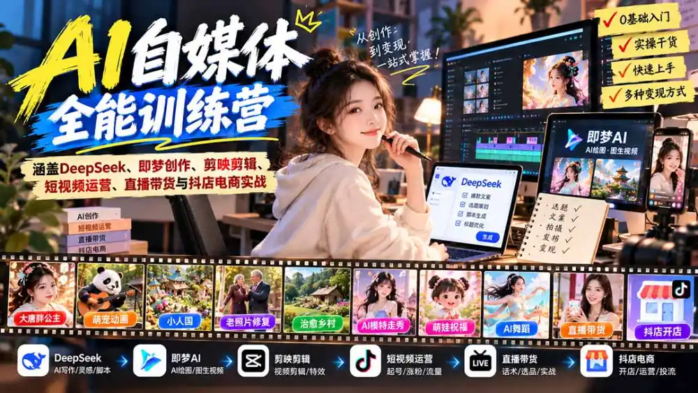 【无水印】AI+自媒体全能训练营:涵盖DeepSeek、即梦创作、剪映剪辑、短视频运营、直播带货与抖店电商实战-百盟网
