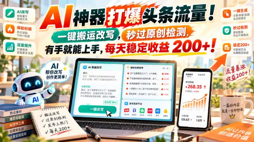 AI神器打爆头条流量，一键搬运改写，秒过原创检测，有手就能上手，每天稳定收益200+！【揭秘】-百盟网