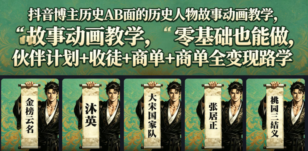 抖音博主历史AB面的历史人物故事动画教学,零基础也能做,伙伴计划+收徒+商单全变现路径教学-百盟网