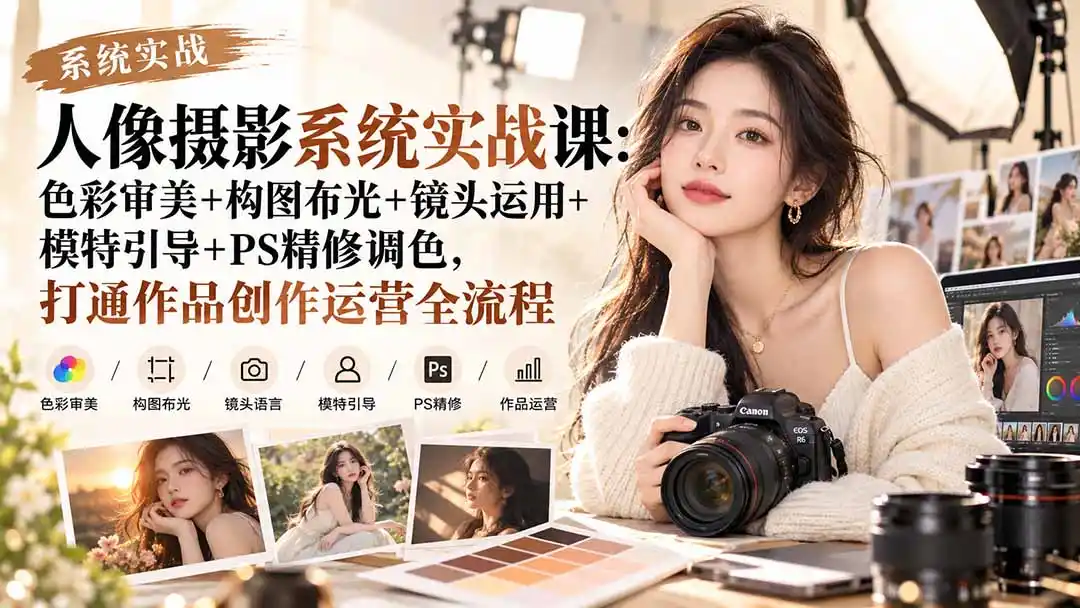 【无水印】人像摄影系统实战课：色彩审美+构图布光+镜头运用+模特引导+PS精修调色，打通作品创作运营全流程-百盟网
