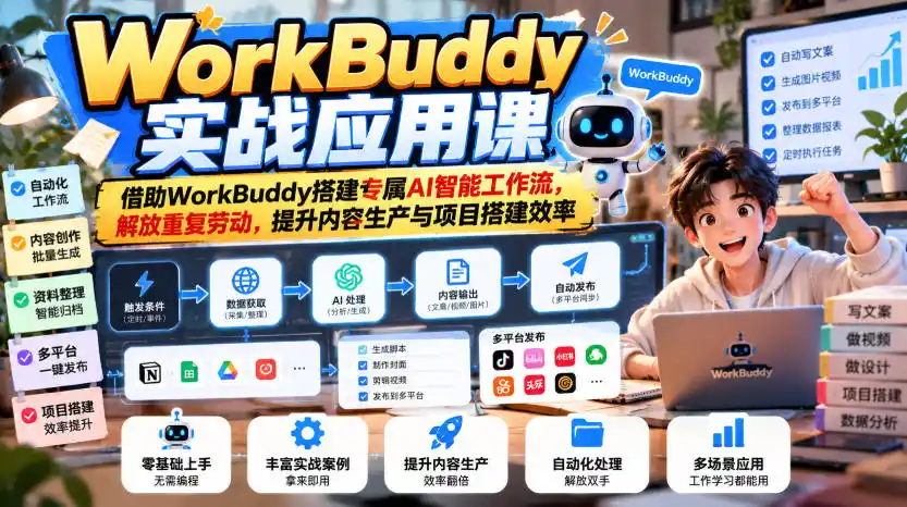 WorkBuddy实战应用课,借助WorkBuddy搭建专属AI智能工作流,解放重复劳动,提升内容生产与项目搭建效率-百盟网