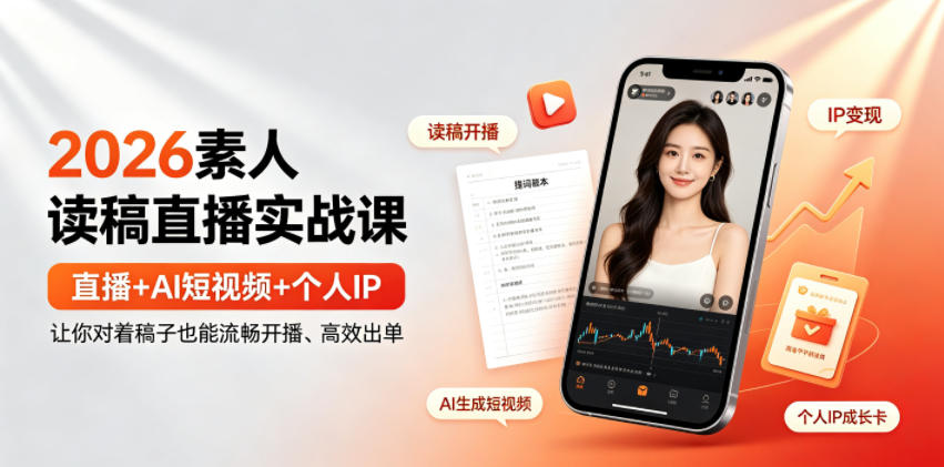 2026素人读稿直播实战课|直播+AI短视频+个人IP,让你对着稿子也能流畅开播、高效出单-百盟网