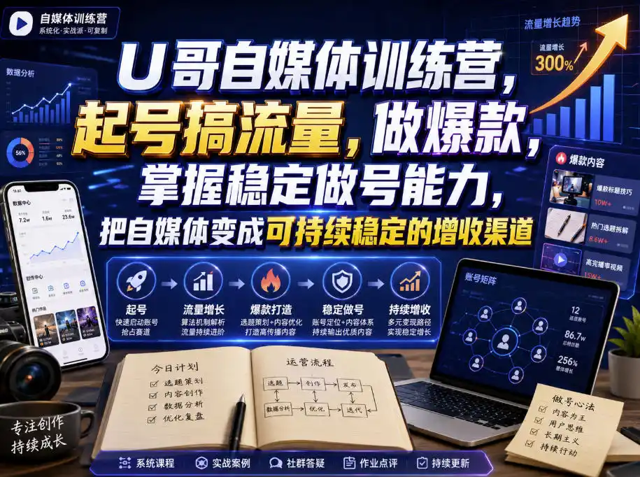 U哥自媒体训练营，起号搞流量，做爆款，掌握稳定做号能力，把自媒体变成可持续稳定的增收渠道-百盟网