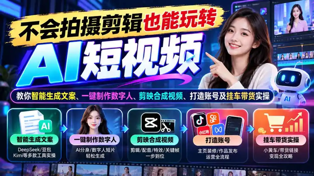 不会拍摄剪辑也能玩转AI短视频:教你智能生成文案、一键制作数字人、剪映合成视频、打造账号及挂车带货实操-百盟网