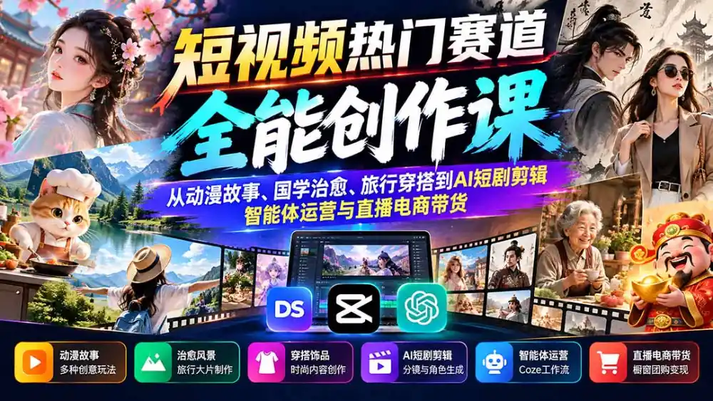 短视频热门赛道全能创作课：从动漫故事、国学治愈、旅行穿搭到AI短剧剪辑、智能体运营与直播电商带货-百盟网