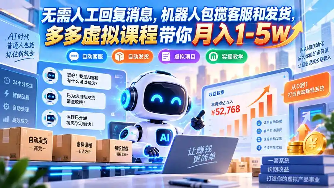 无需人工回复消息,机器人包揽客服和发货,多多虚拟课程带你月入1-5W 无需人工回复消息,机器人包揽客服和发货,多多虚拟课程带你月入1-5W