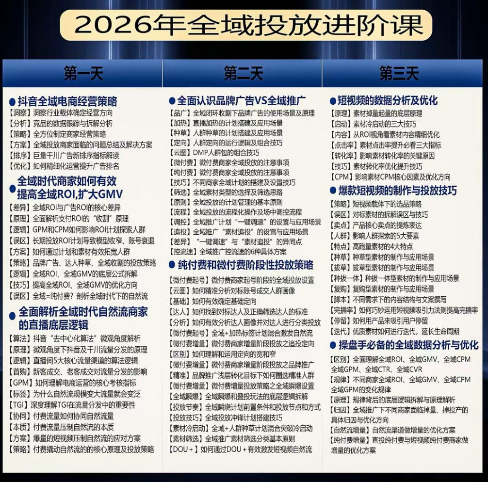 千川扫地僧2026抖音全域投放进阶课,少走弯路·快速起量·掌控增长,6月12-14号杭州线下课(更新)-百盟网