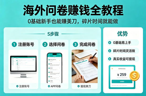 海外问卷賺钱全教程，0基础新手也能賺美刀，碎片时间就能做-百盟网