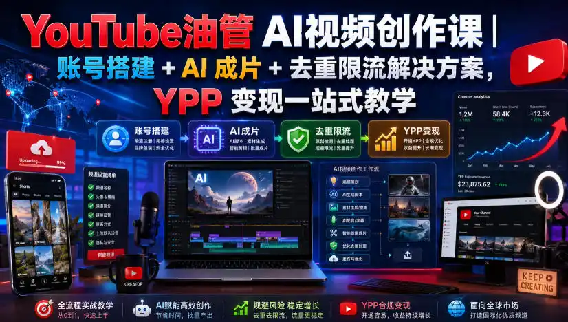 YouTube油管AI视频创作课｜账号搭建+AI成片+去重限流解决方案，YPP变现一站式教学(更新0809)-百盟网