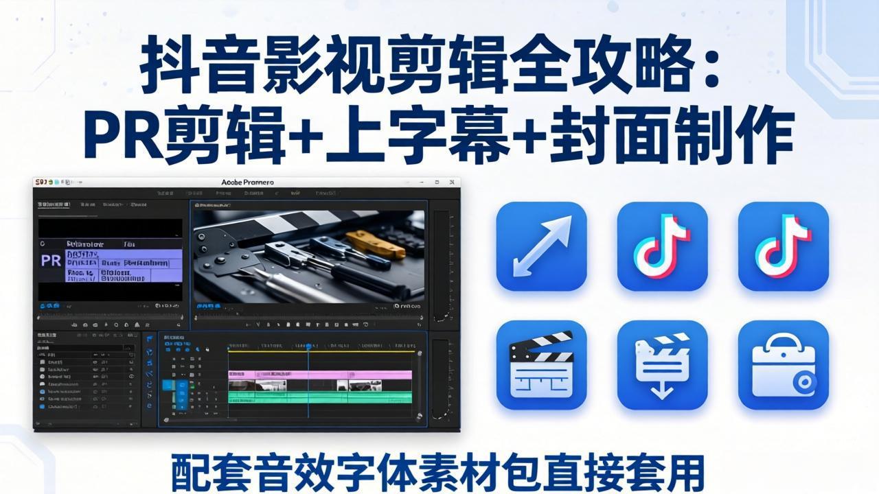抖音影视剪辑全攻略：PR剪辑+上字幕+封面制作，配套音效字体素材包直接套用-百盟网