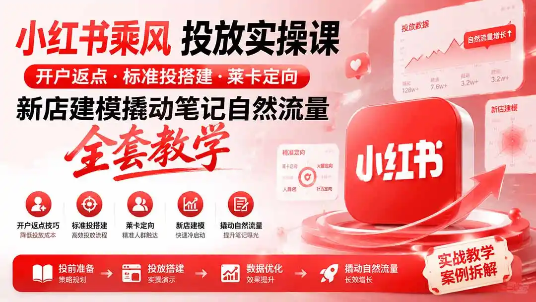 小红书乘风投放-100分钟实操课｜开户返点·标准投搭建·莱卡定向，新店建模撬动笔记自然流量全套教学-百盟网
