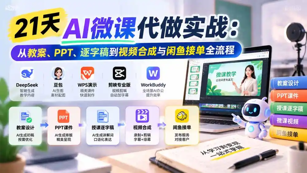 21天AI微课代做实战:从教案、PPT、逐字稿到视频合成与闲鱼接单全流程-百盟网