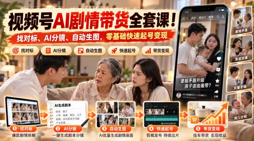 视频号AI剧情带货全套课！找对标、AI分镜、自动生图，零基础快速起号变现-百盟网