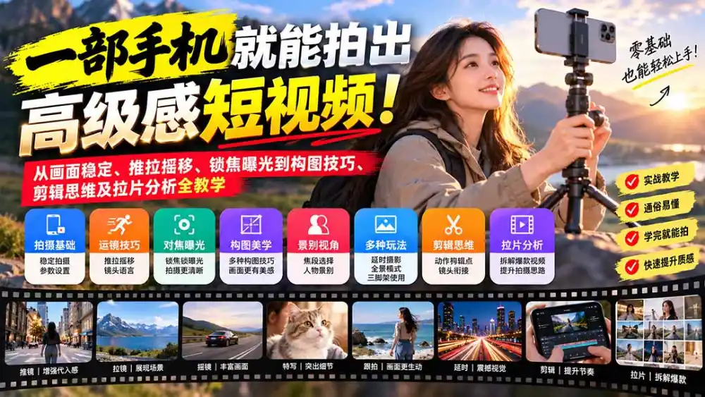 一部手机就能拍出高级感短视频！从画面稳定、推拉摇移、锁焦曝光到构图技巧、剪辑思维及拉片分析全教学-百盟网