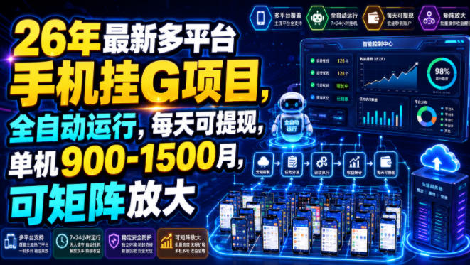 26年最新多平台手机挂G项目，全自动运行，每天可提现，单机900-1500月，可矩阵放大【揭秘】-百盟网