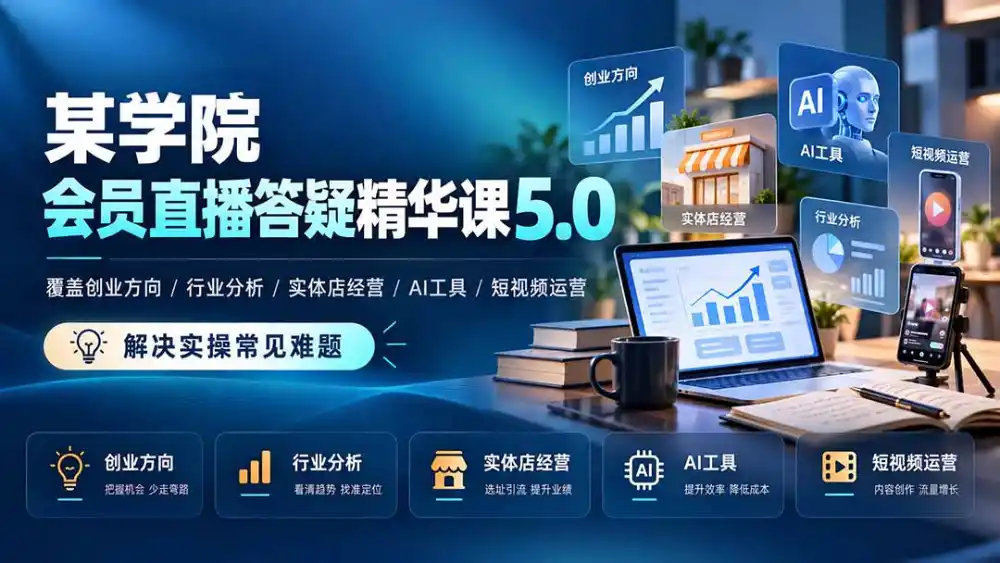 某学院会员直播答疑精华课5.0:覆盖创业方向、行业分析、实体店经营、AI工具和短视频运营,解决实操常见难题!-百盟网