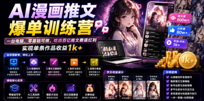 AI漫画推文爆单训练营,一台电脑,零基础可做,吃透百亿推文赛道红利,实现单条作品收益1k+-百盟网