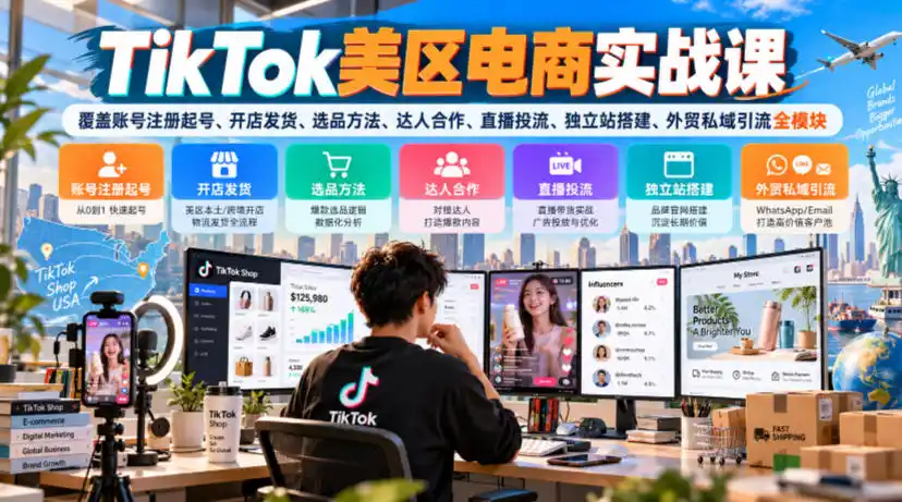 TikTok美区电商实战课,覆盖账号注册起号、开店发货、选品方法、达人合作、直播投流、独立站搭建、外贸私域引流全模块-百盟网