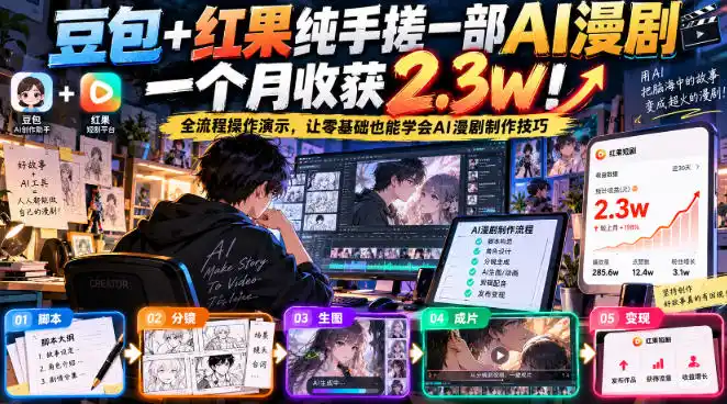 豆包+红果纯手搓一部AI漫剧一个月收获2.3w!全流程操作演示,让零基础也能学会AI漫剧制作技巧-百盟网