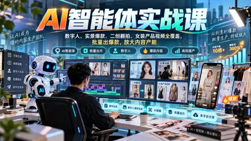 AI智能体实战课,数字人、实景爆款、二创翻拍、女装产品视频全覆盖,批量出爆款,放大内容产能-百盟网