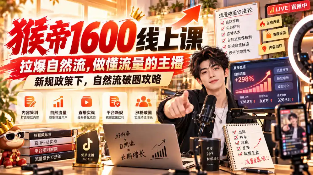 猴帝1600线上课，拉爆自然流，做懂流量的主播，新规政策下，自然流破圈攻略【更新260926】-百盟网