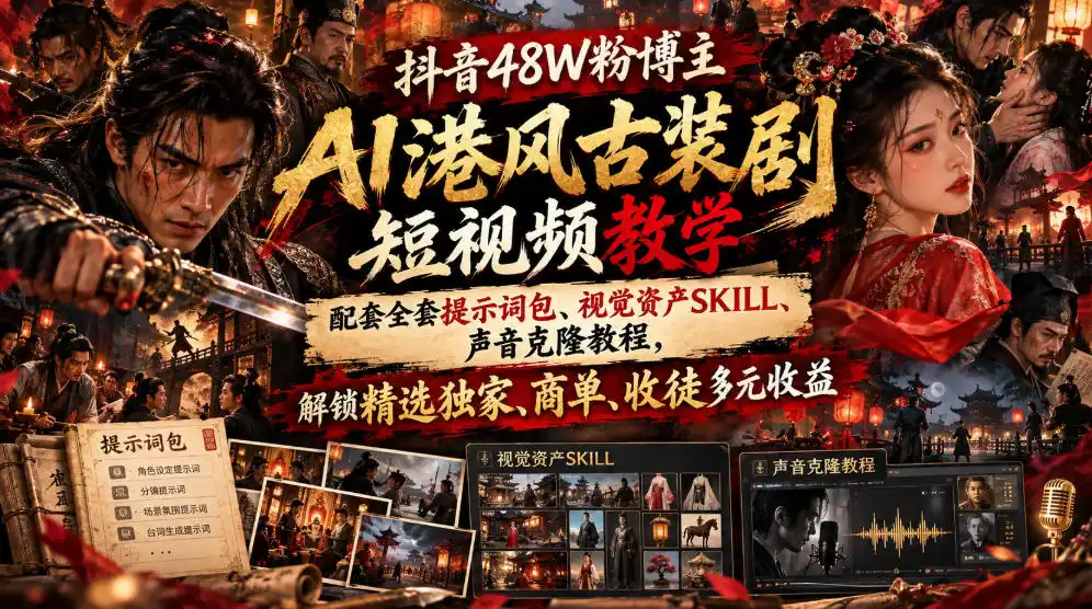 抖音48W粉博主AI港风古装剧短视频教学,配套全套提示词包、视觉资产SKILL、声音克隆教程,解锁精选独家、商单、收徒多元收益 抖音48W粉博主AI港风古装剧短视频教学,配套全套提示词包、视觉资产SKILL、声音克隆教程,解锁精选独家、商单、收徒多元收益