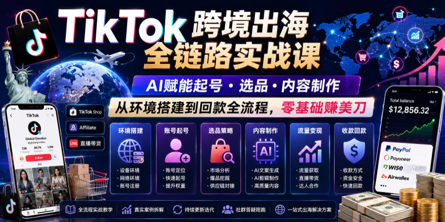 TikTok跨境出海全链路实战课，AI赋能起号・选品・内容制作，从环境搭建到回款全流程，零基础賺美刀-百盟网