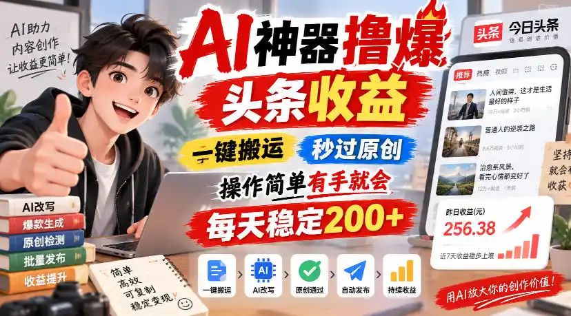 AI神器撸爆头条收益，一键搬运，秒过原创，操作简单有手就会，每天稳定200+【揭秘】-百盟网